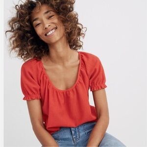 Madewell Texture & Thread Bright Red Peasant Top
